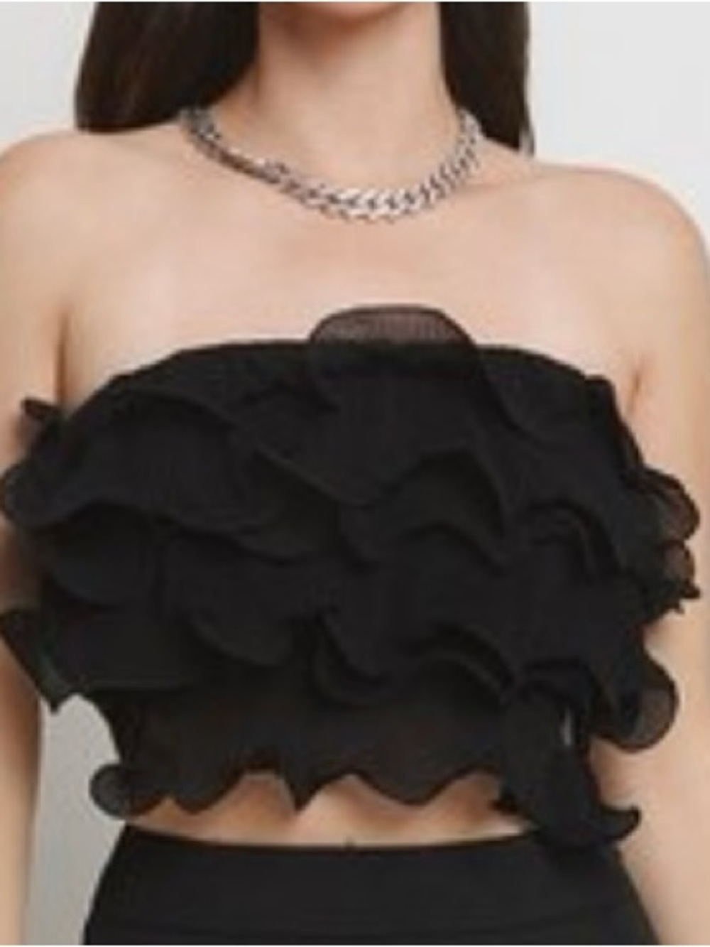 Black Ruffle Strapless Crop Top -